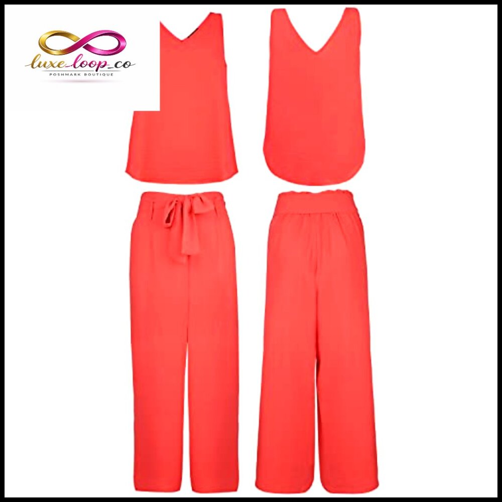 Women's 2-Piece Set V-Neck Tank Top High-Waisted Cropped Paper Bag Pants - Picture 6 of 7